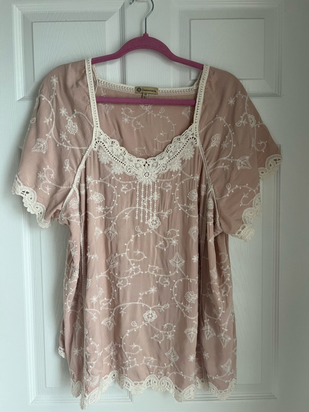 Democracy Blush Pink Top with Cream Lace Yoke